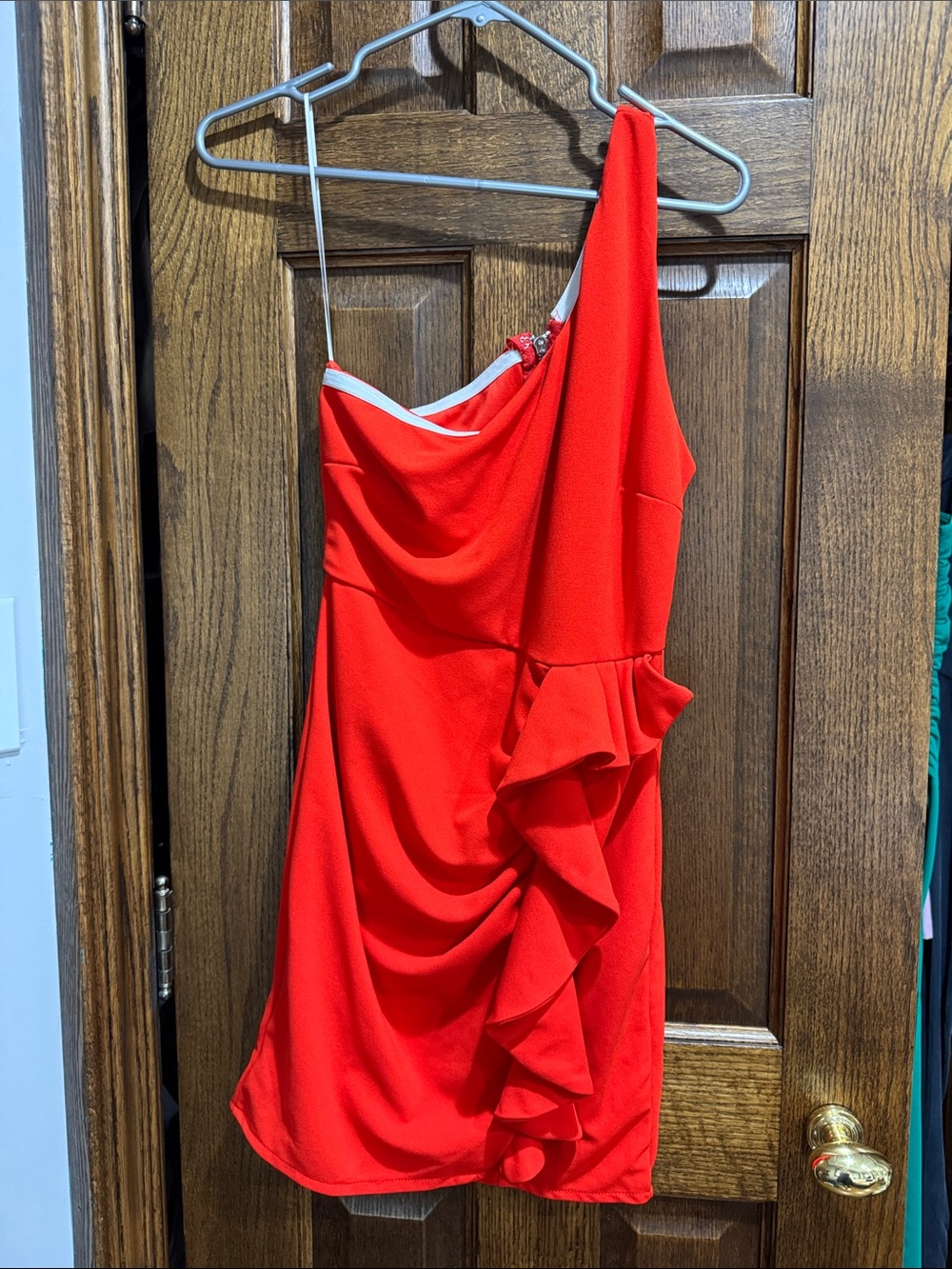 Hello Molly One-Shoulder Red Ruffle Mini Dress